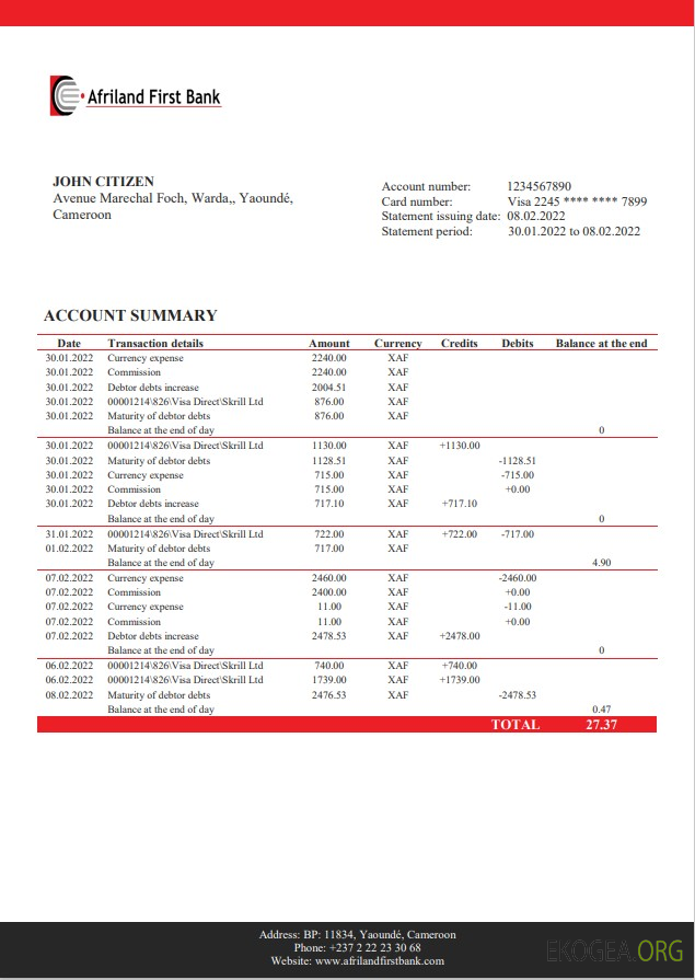 Cameroun Relevé bancaire Afriland First